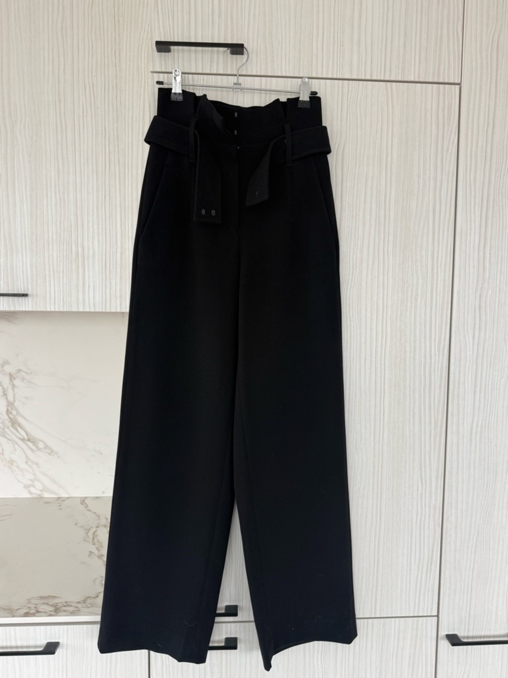 Babaton High-Waist Wide-Leg Black Trousers with Tie Belt